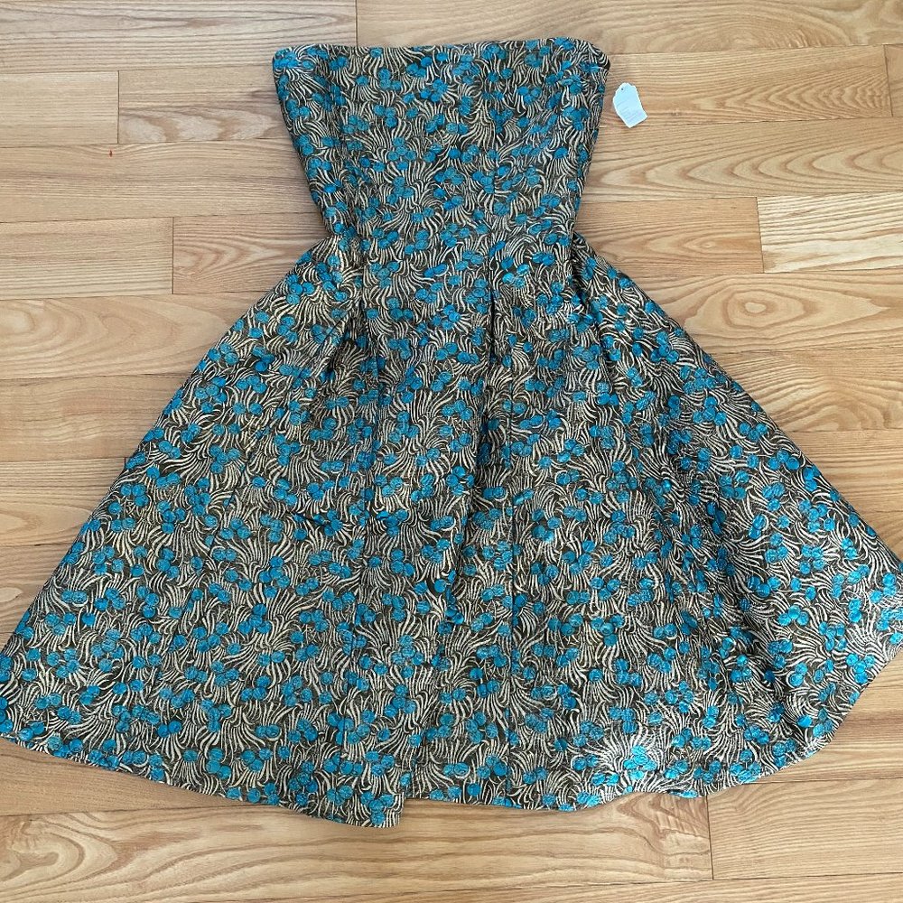 Cynthia Rowley Gold/Blue Strapless A-Line Dress Size 2 NWT